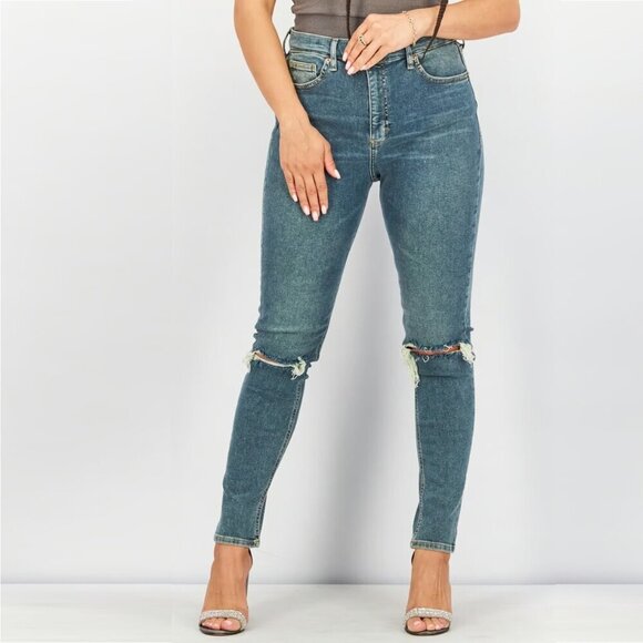 2/$30 Topshop Jamie High Rise Ripped  Skinny Mid Denim Tint W26 #9303 - Picture 3 of 12